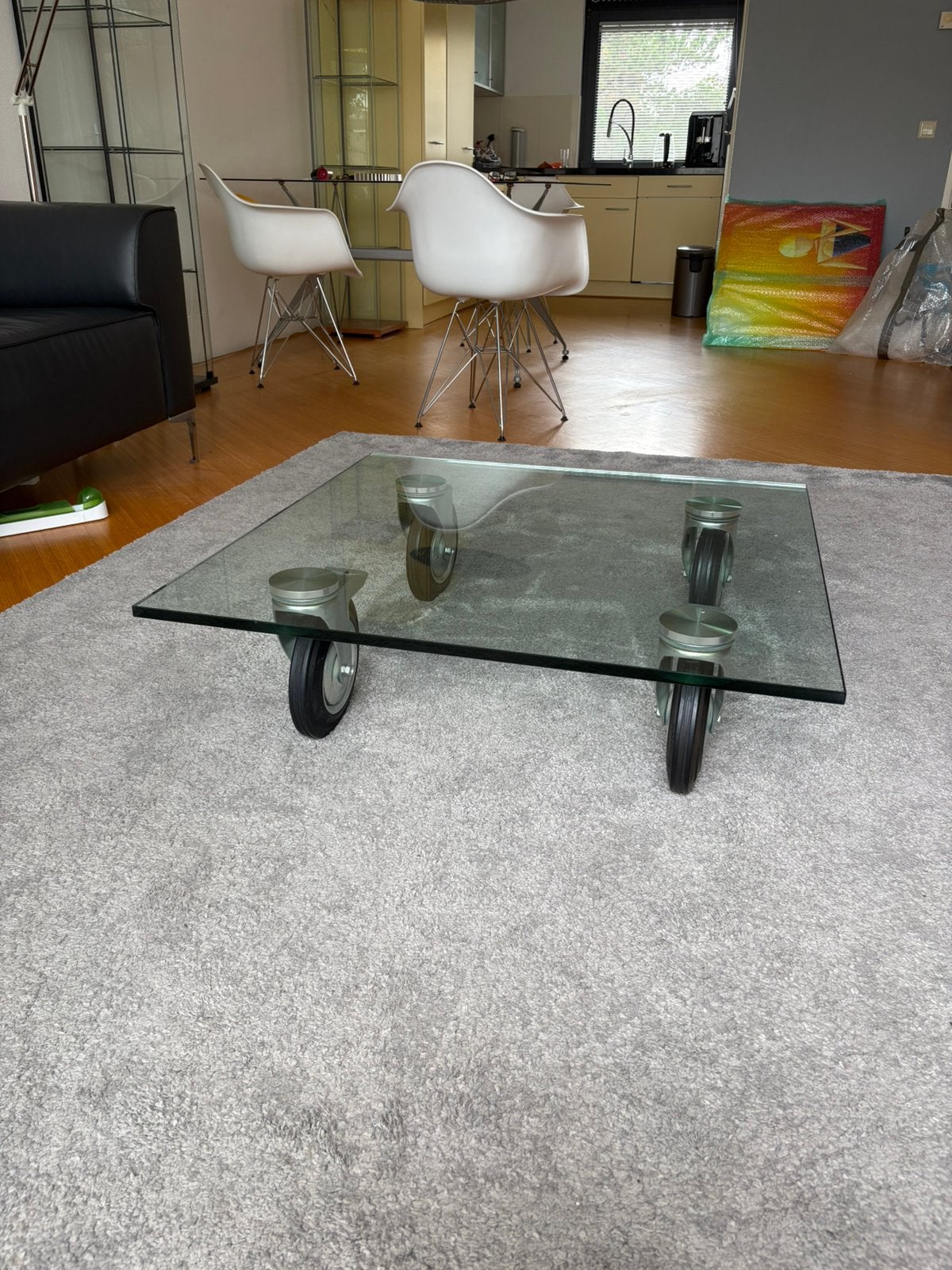 Glazen salontafel op wielen replica Fontana Arte tafel, Ophalen, Gebruikt, 50 tot 100 cm, 50 tot 100 cm