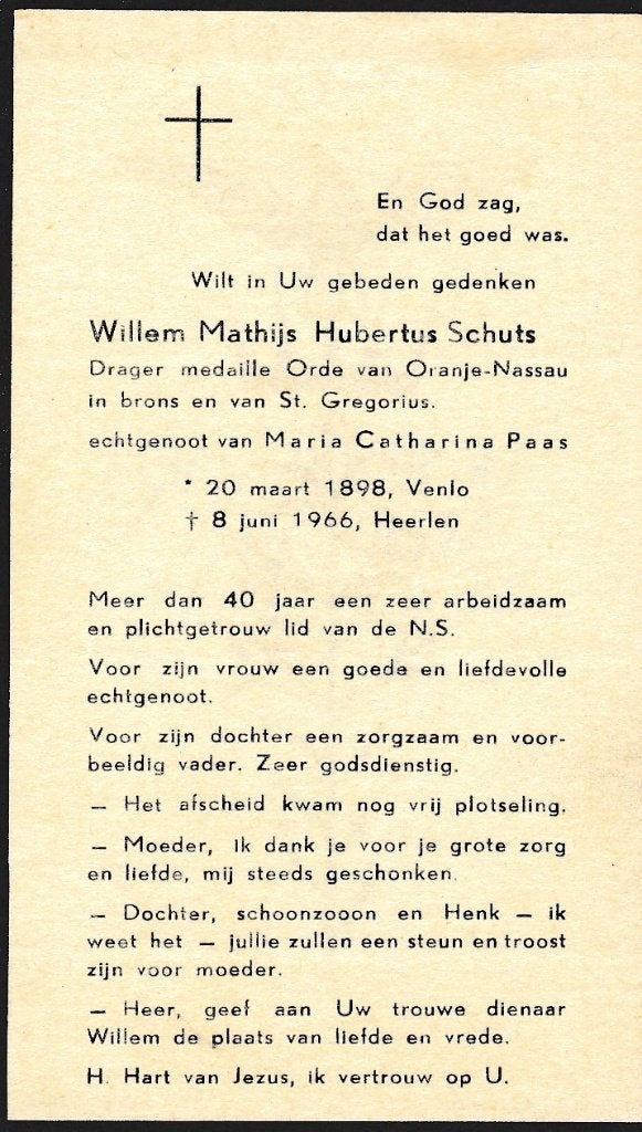 Schuts Willem 1898 Venlo 1966 Heerlen, Verzamelen, Bidprentjes en Rouwkaarten, Ophalen, Bidprentje