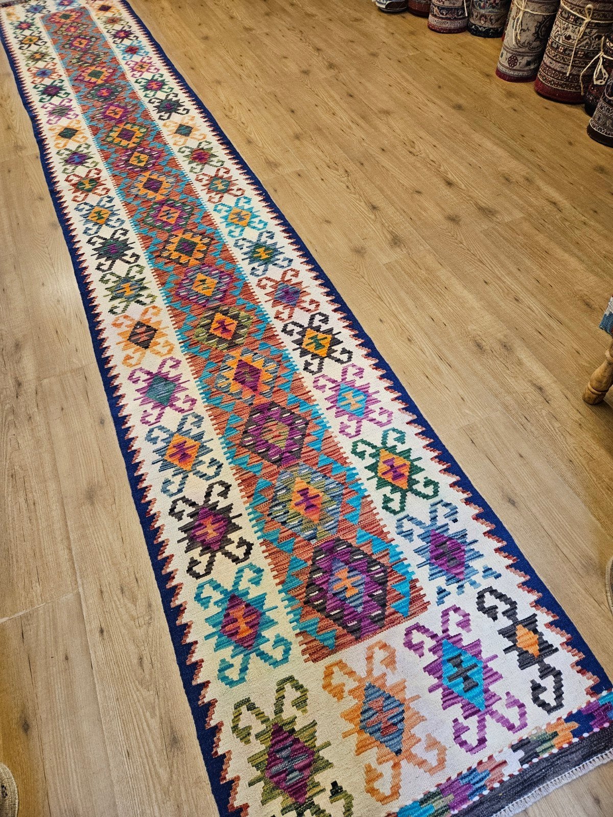 handgeweven oosterse wollen kelim loper 487x78, Info@SlatsAntiek.nl, Vof Slats Antiek, Geel, Kelim