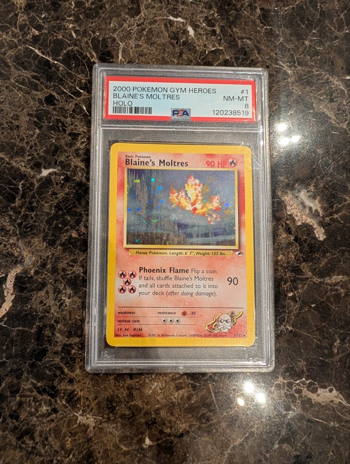 PSA 8 Blaine's Moltres Holo 1/132 - Gym Heroes (2000) - WOTC, Ophalen of Verzenden, Zo goed als nieuw