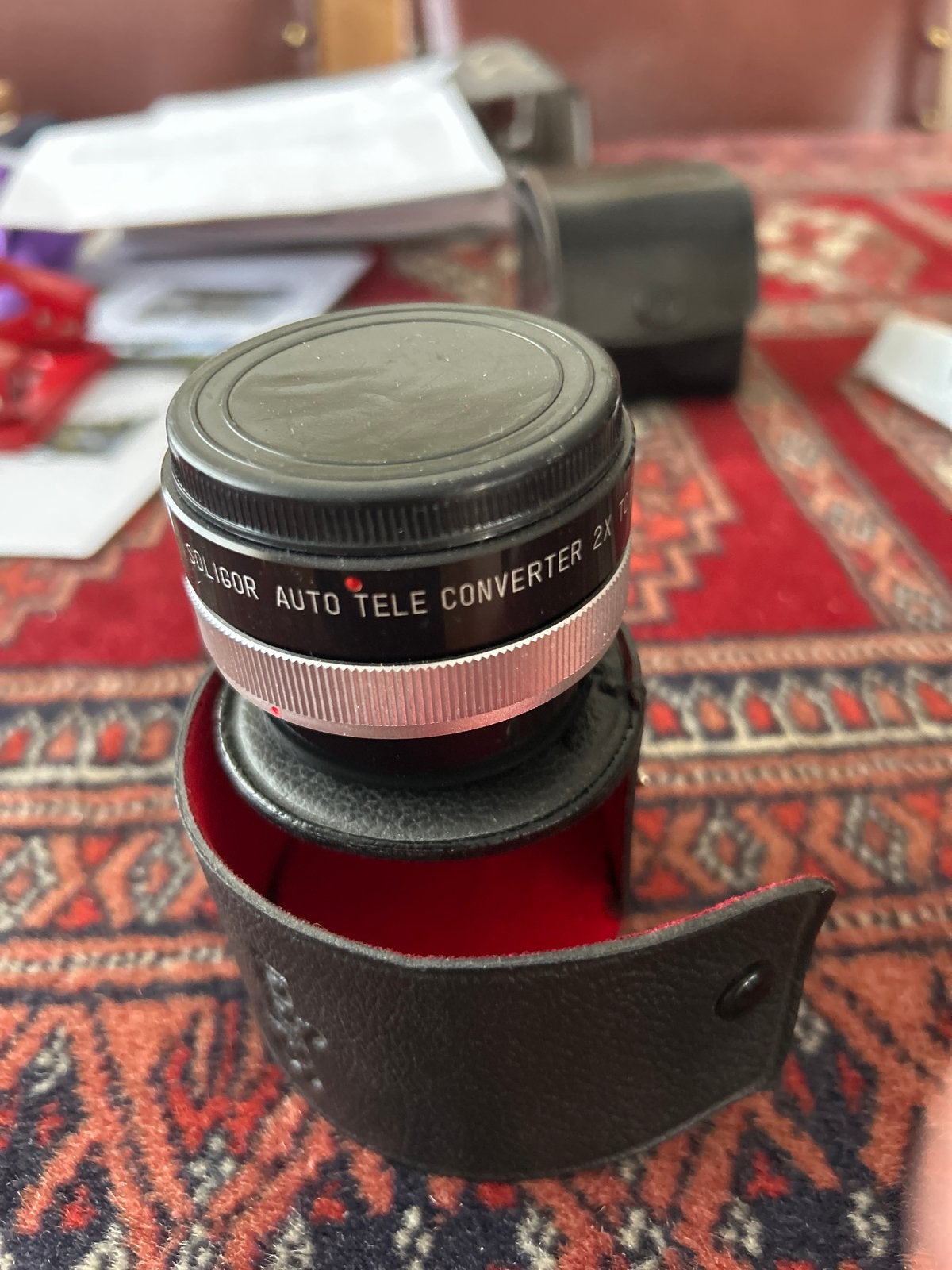 Soligor Auto Tele Converter 2x met leren etui, Overige merken, Gebruikt, Beschermhoes/tas, Ophalen of Verzenden
