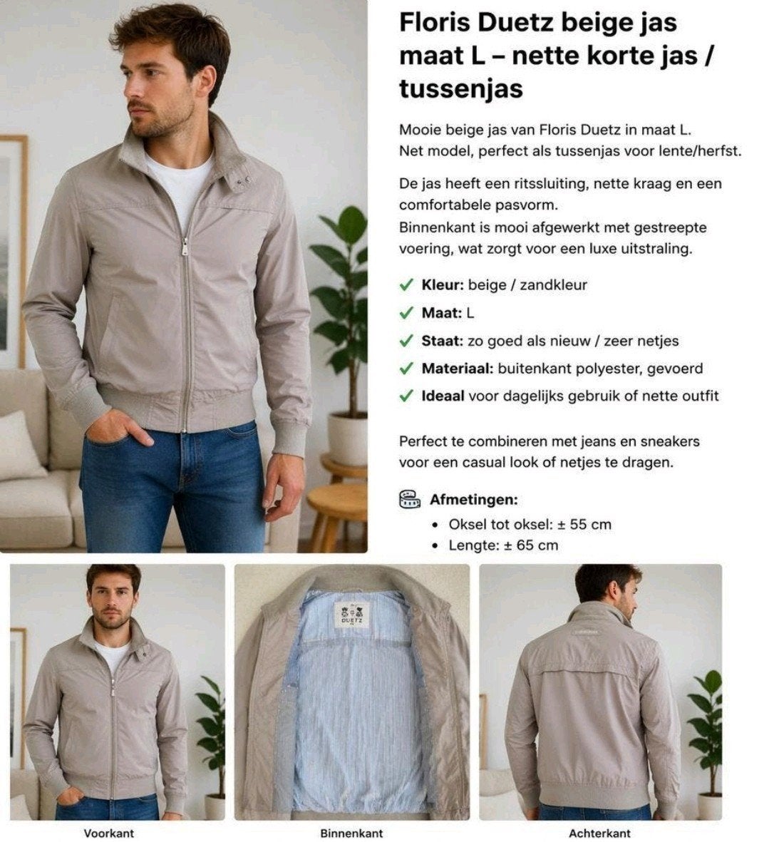 Floris Duetz jas maat L beige, Maat 52/54 (L), Beige, Floris van Bommel, Ophalen of Verzenden