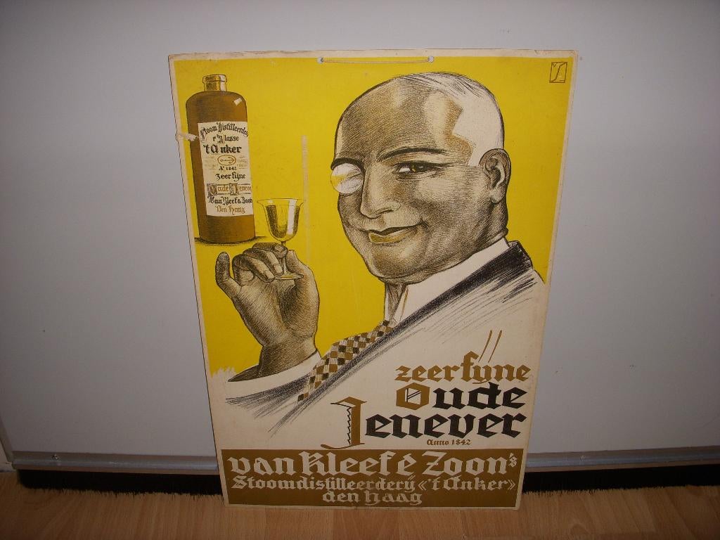 Reclamebord Van Kleef zeer oude Jenever jaren 20/30, Ophalen of Verzenden, Gebruikt, Reclamebord