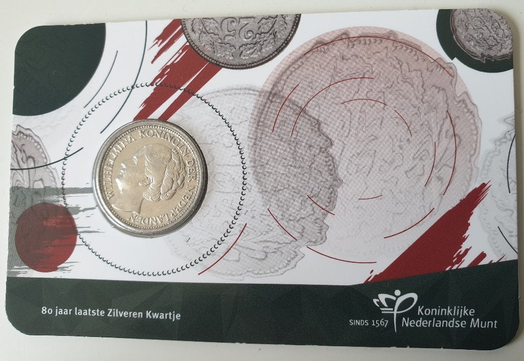 Coincard 80 jaar afscheid zilveren kwartje 1943 PP, Verzenden, Koningin Wilhelmina, 25 cent, Losse munt