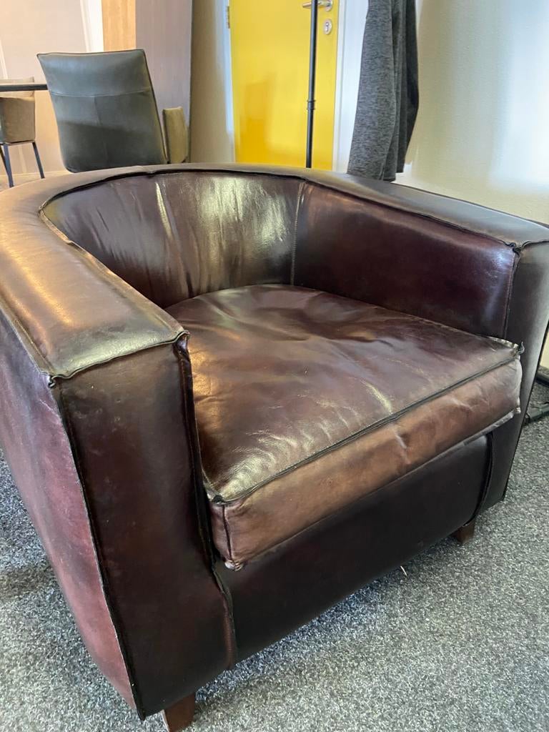 Stoere leren clubfauteuil – donkerbruin – echt leer, Ophalen, Bruin, Leer, Zo goed als nieuw