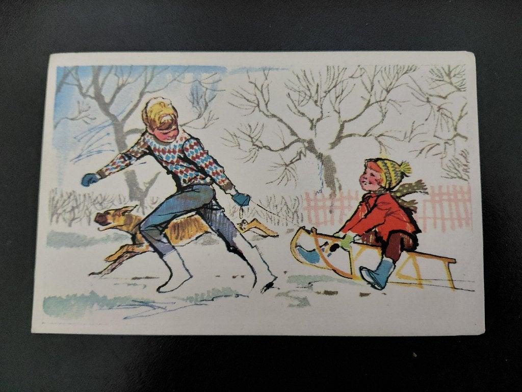 Kinderen met slee en hond in de sneeuw, ongelopen. j. '60., Verzamelen, Verzenden, 1960 tot 1980, Kinderen