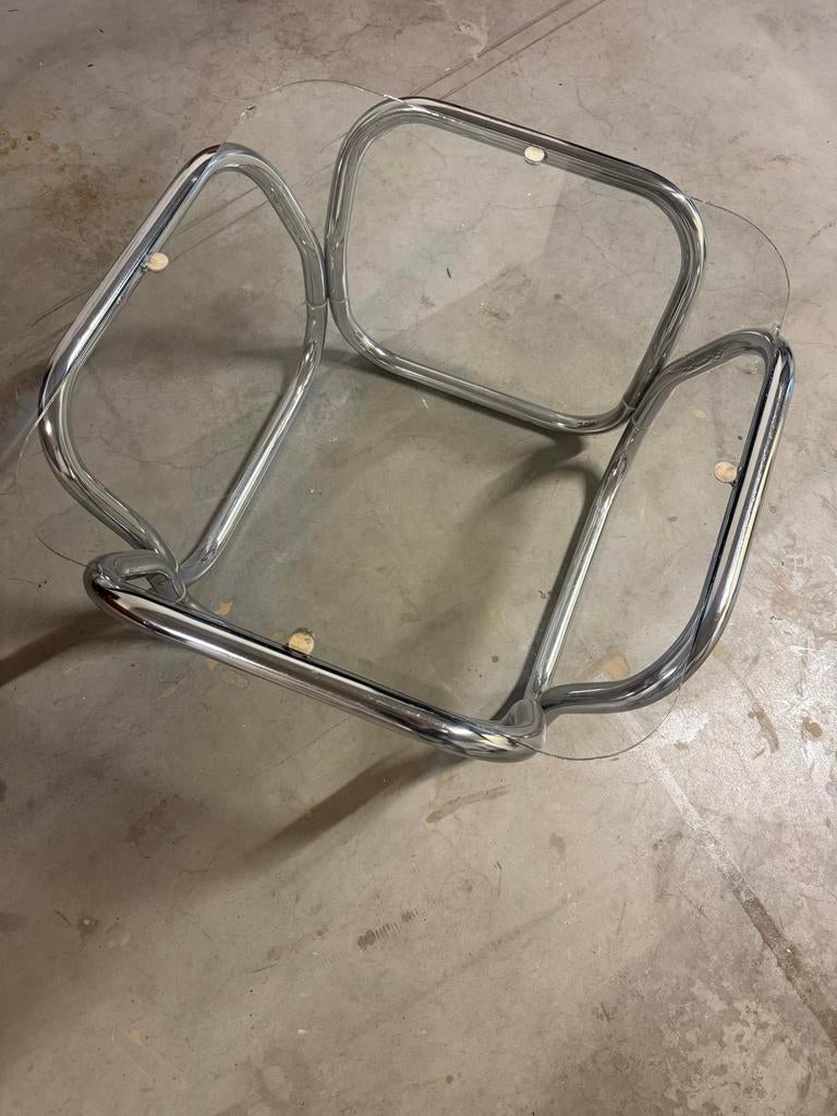 Chroom salontafel met glazen blad retro buisframe zilver, Ophalen, Gebruikt, 50 tot 100 cm, 50 tot 100 cm