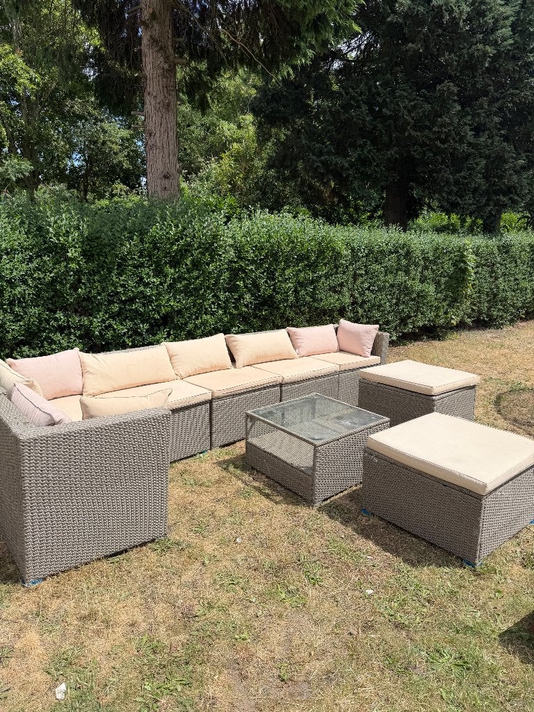 Loungeset tuinset taupe en beige kussens, Ophalen, Zo goed als nieuw, Wicker, Loungeset