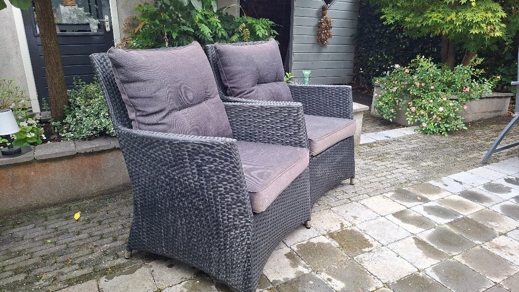 Nauwelijks gebruikte tuinstoelen met antraciete kussens, Ophalen, Gebruikt, Wicker