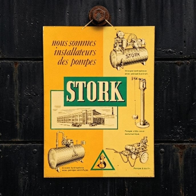 Frans Reclamebord STORK Fabriek 1956 Hengelo Vintage Blik, Ophalen of Verzenden, Gebruikt, Reclamebord