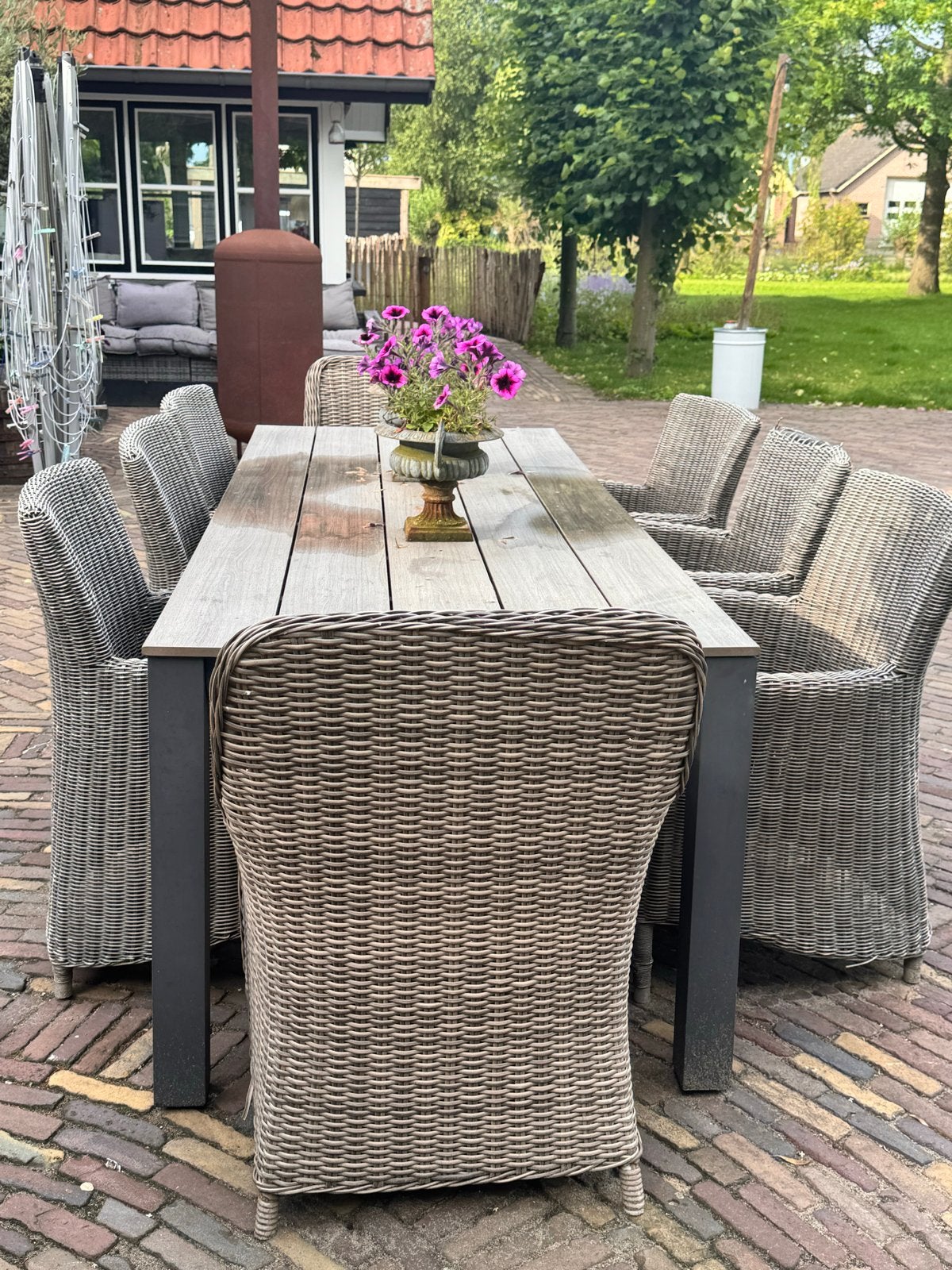 Tuintafel met rotanstoelen en kussens, Tuin en Terras, Tuintafels, Ophalen, Gebruikt, Rechthoekig, Wicker