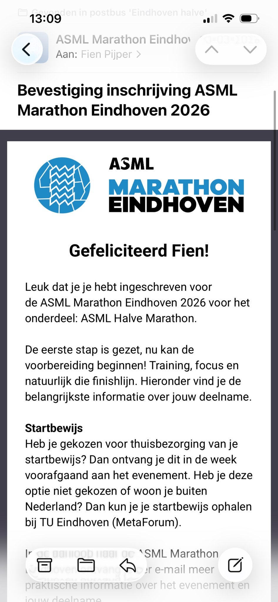 Startbewijs halve marathond Eindhoven, Eén persoon, Oktober