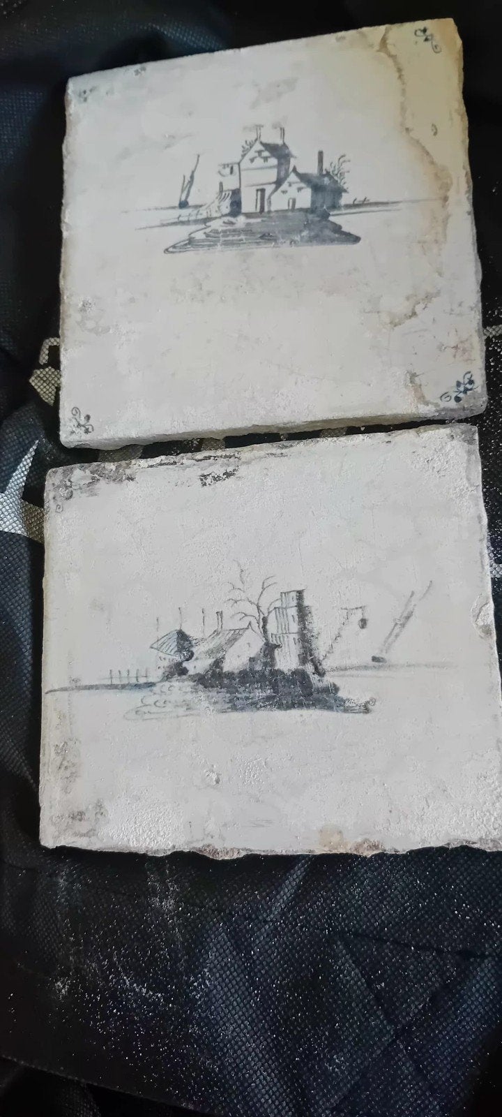2 Antieke Bruine Tegeltjes met Landschap Afbeeldingen, Ophalen of Verzenden