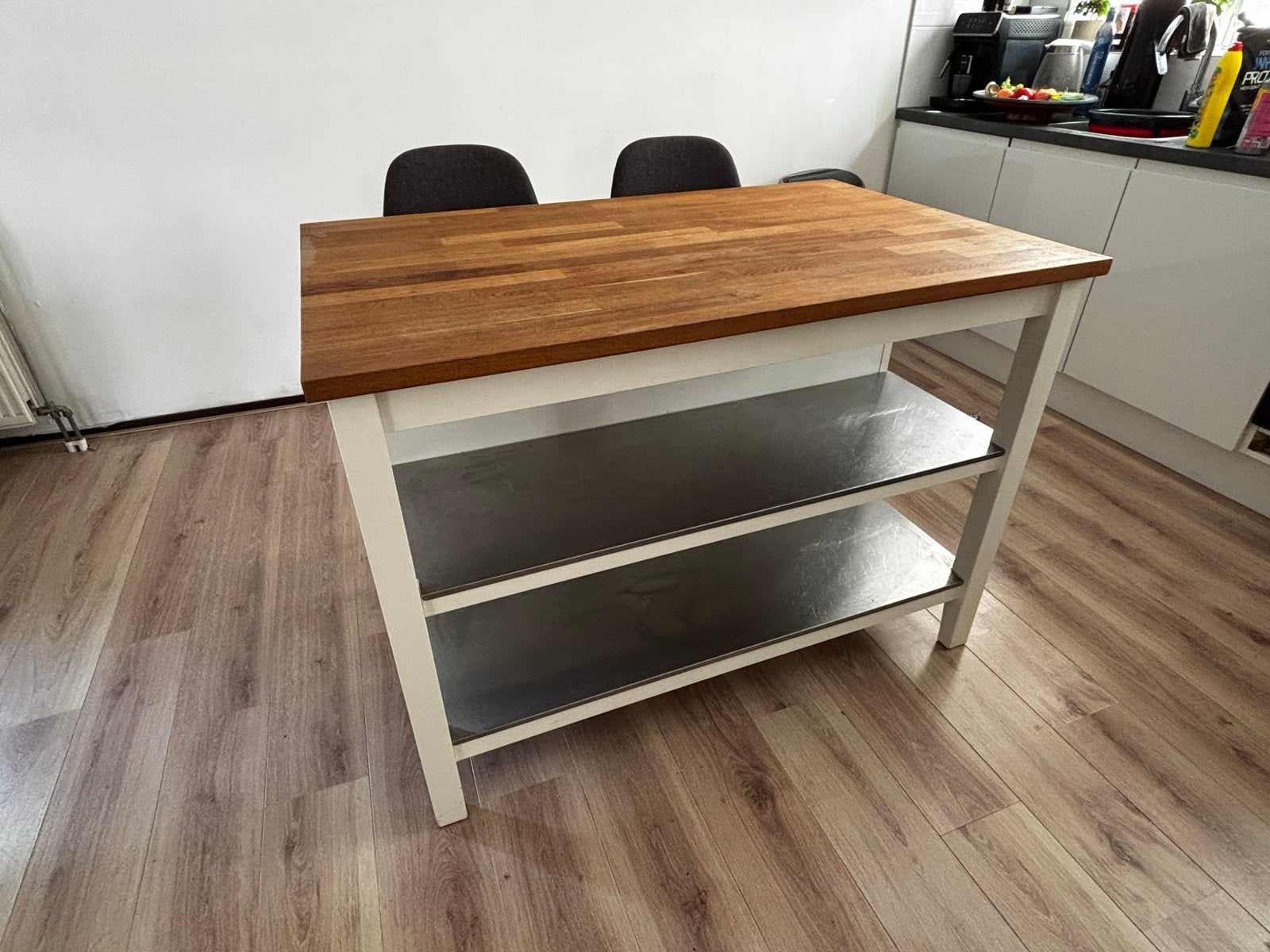 IKEA Keukeneiland/bar met opbergruimte en houten blad, Ophalen, Gebruikt, 100 tot 150 cm, Tot twee personen