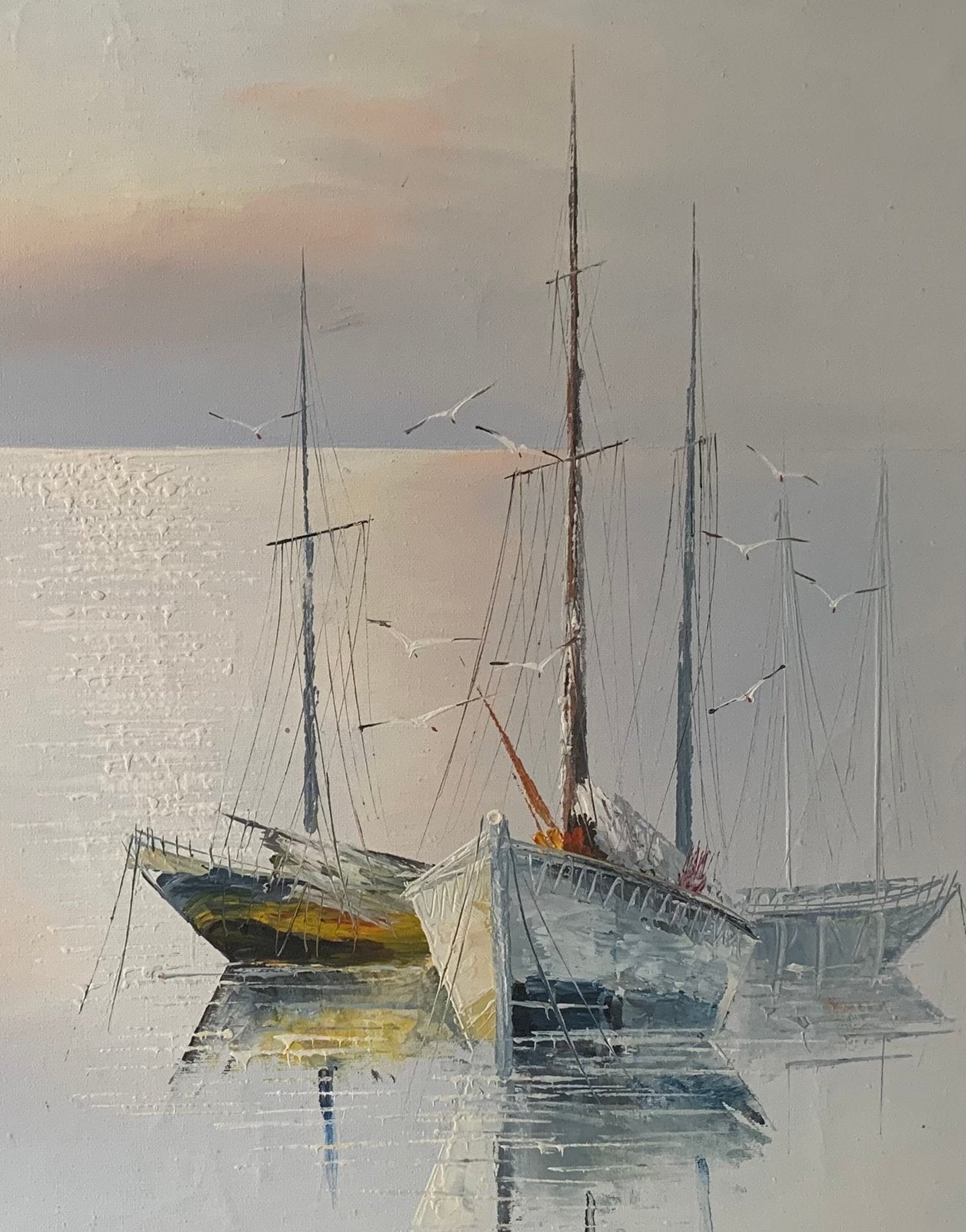 Olieverf schilderij met boten, Antiek en Kunst, Ophalen