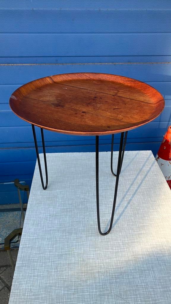 Vintage teak plywood dienblad op luspoten standaard, Ophalen of Verzenden
