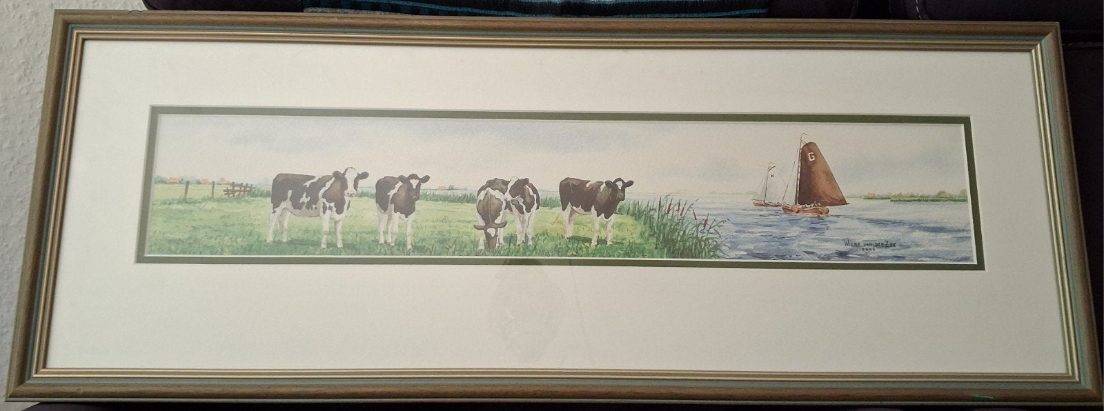 Aquarel Wiebe van der Zee - Koeien en zeilboten Botter, Ophalen of Verzenden