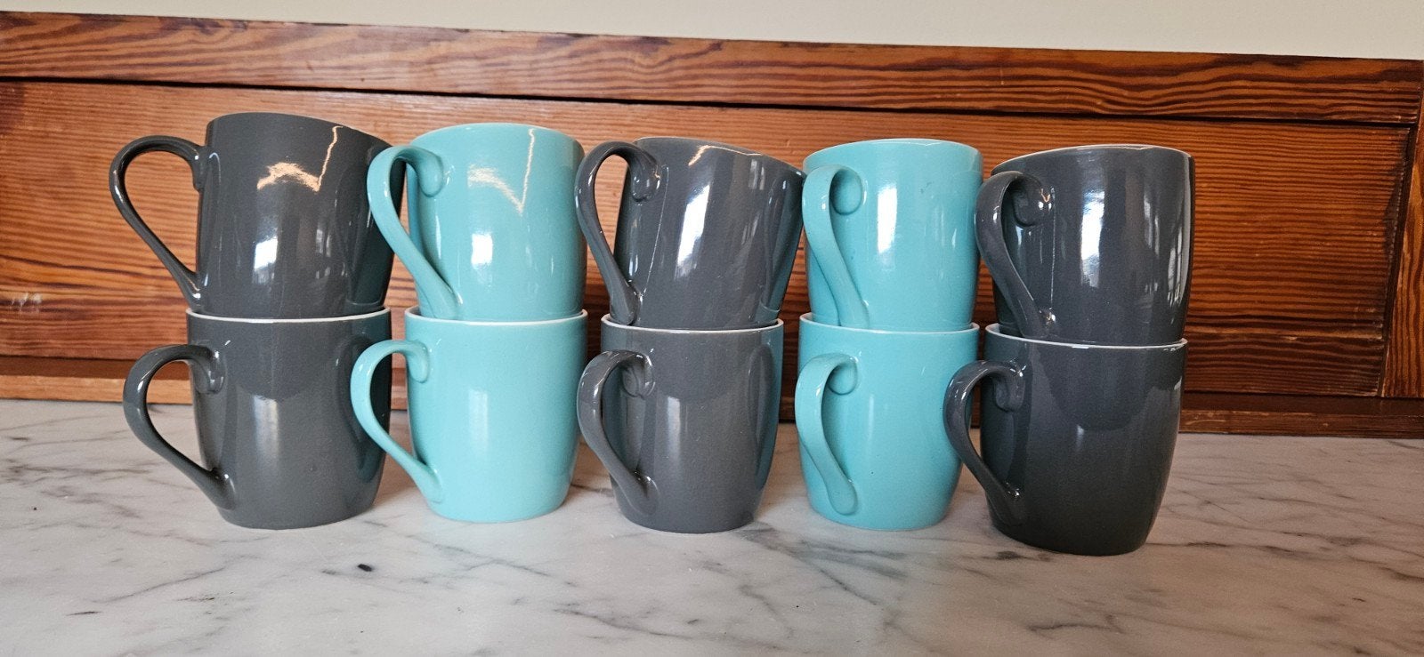 10 koffiekopjes - grijs en turquoise, Ophalen of Verzenden, Zo goed als nieuw