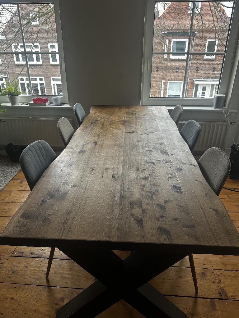 Boomstamtafel Eettafel Tafelpoten Metaal Zwart X, Ophalen, Grenenhout, Gebruikt, 200 cm of meer