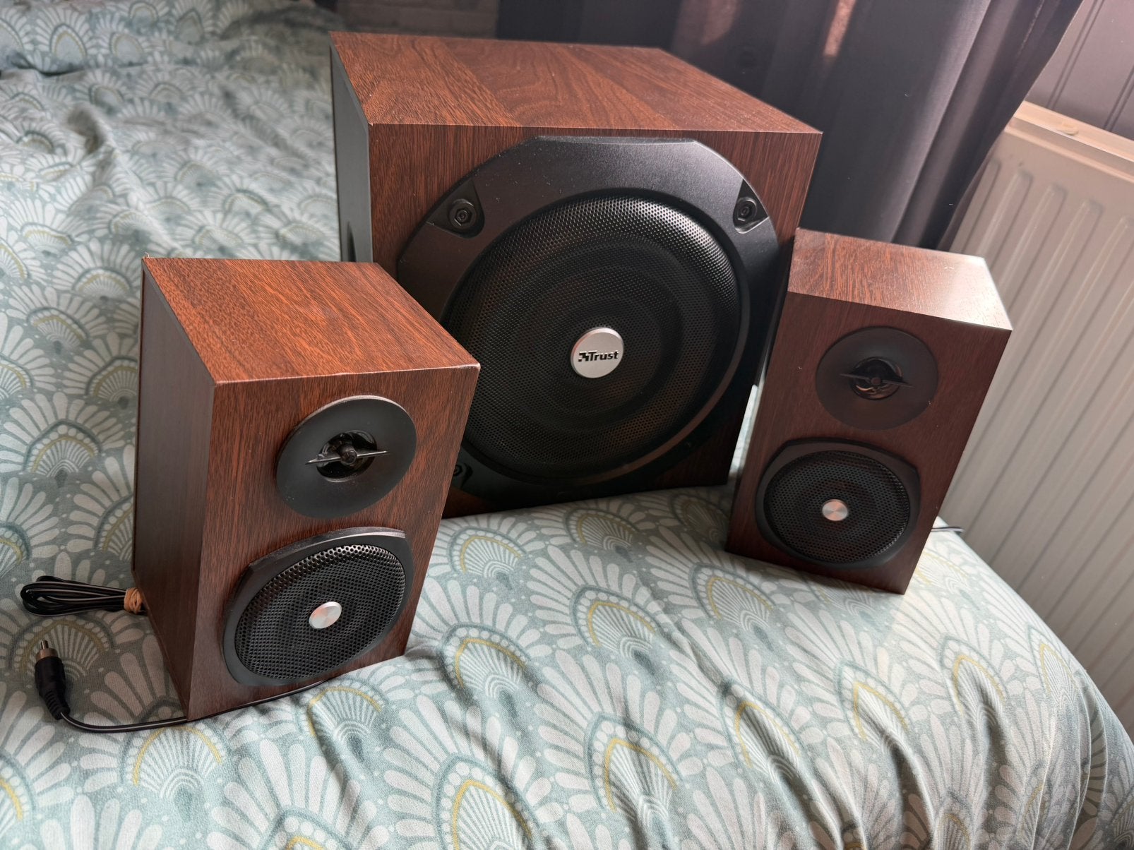 Mooi en krachtige Trust speaker set houtkleur, Overige merken, Speakerset, Ophalen of Verzenden, Zo goed als nieuw