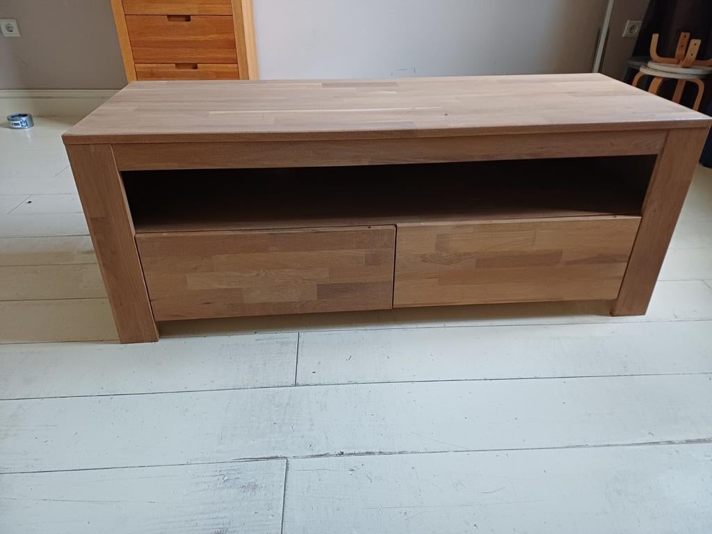 TV/Audio Meubel Whitewash Eiken met Twee Lades, Huis en Inrichting, Kasten | Televisiemeubels, Ophalen, 100 tot 150 cm, Eikenhout