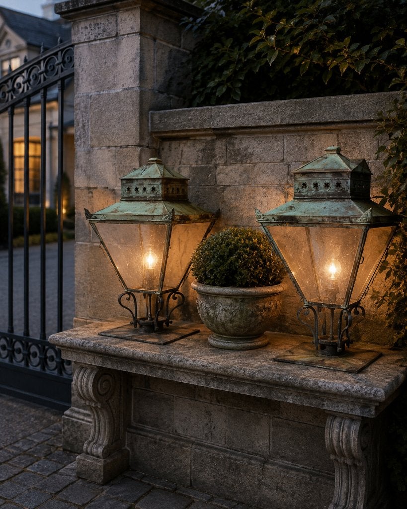 2 Antieke Lantaarns zeer fraai patina van ouderdom, Tuin en Terras, Ophalen, Overige materialen, Gebruikt, Staande lamp