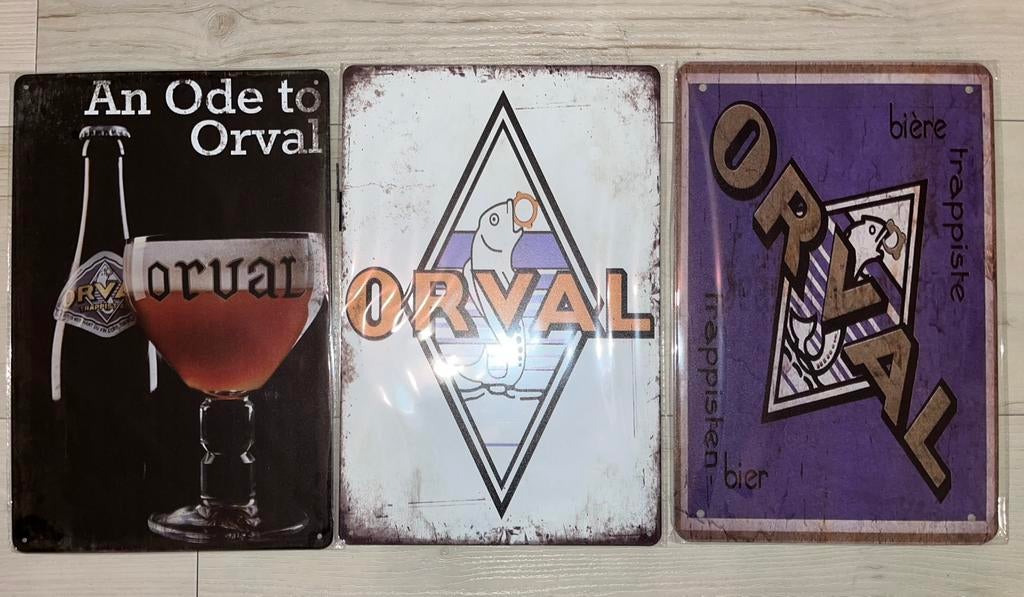 3 Metalen wandborden Orval Bier 20x30 cm.  (3 st voor € 20)., Verzamelen, Ophalen of Verzenden, Zo goed als nieuw