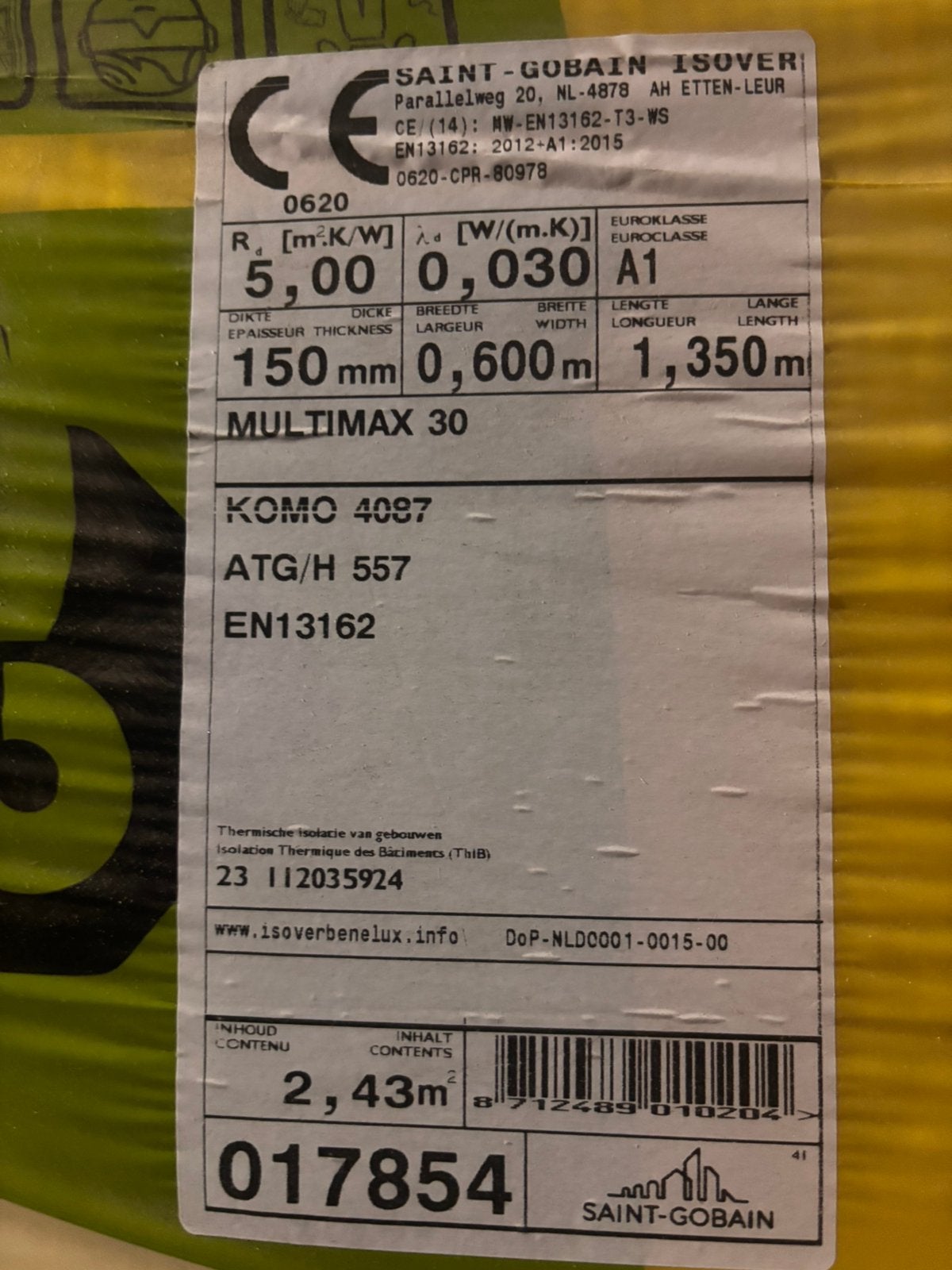 Pak isover multimax 30, dikte 150mm, Ophalen, Zo goed als nieuw, Glaswol, 12 cm of meer