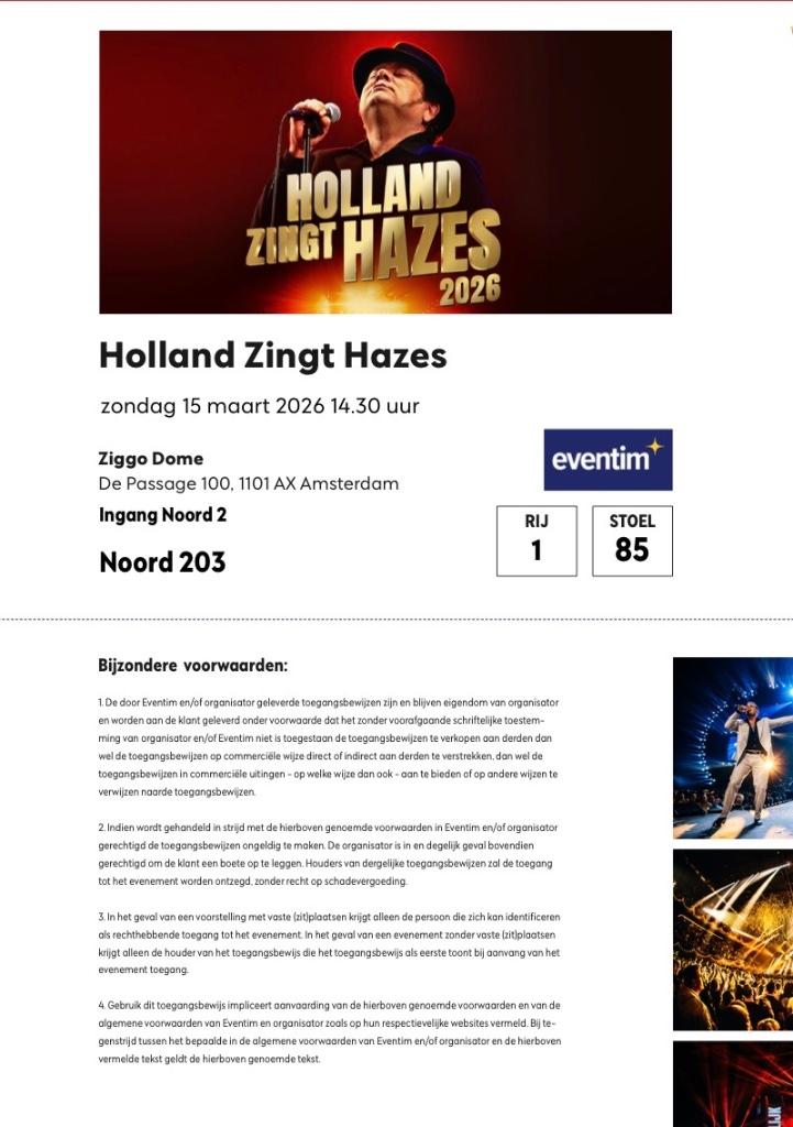 Holland zingt Hazes 15 maart 2 zitplaatsen vooraan 1e rij, Tickets en Kaartjes, Twee personen, Maart, Levenslied
