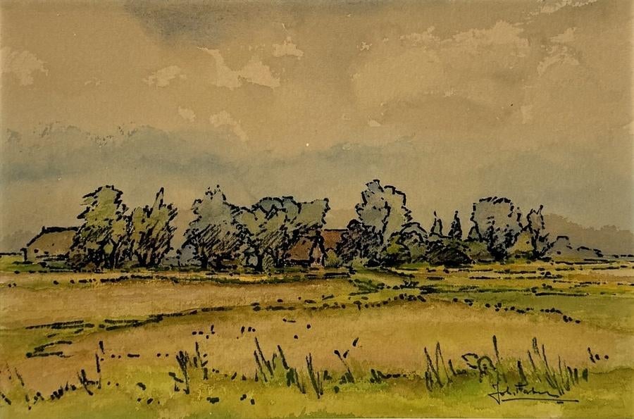 1198. Aquarel, Johan Faber – weidelandschap, 20e eeuw, Antiek en Kunst, Ophalen of Verzenden