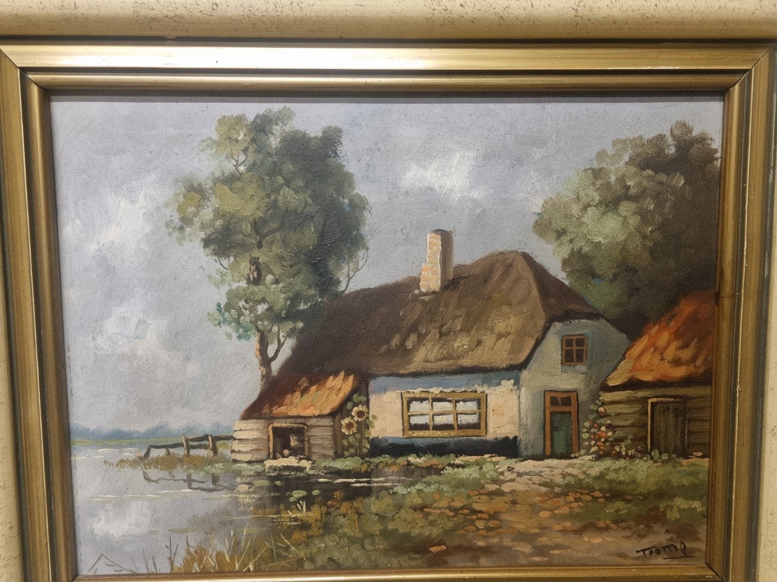 Gesigneerd Olieverfschilderij: Idyllisch Boerenerf (50x40cm), Doek, Ophalen of Verzenden, Landschap, Olieverf