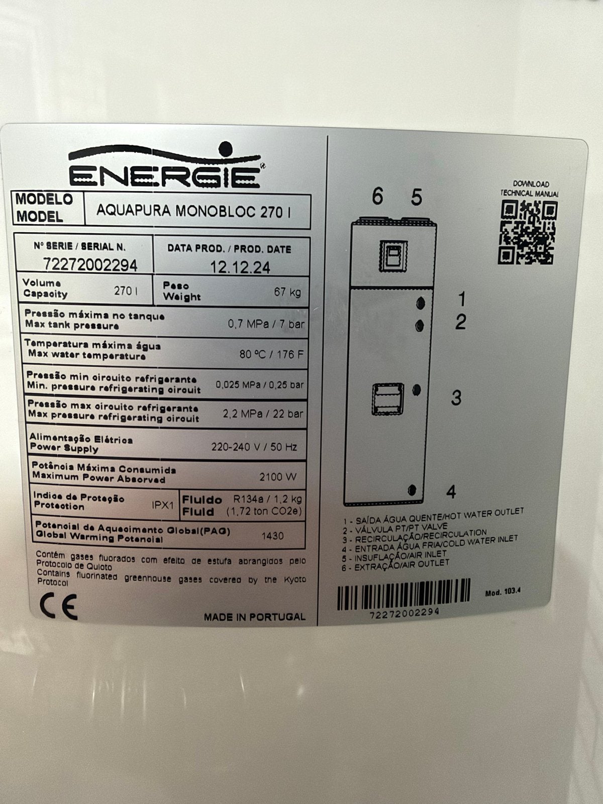 Energie Aquapura Monobloc 270L Warmtepompboiler, Ophalen, Hoog rendement (Hr), Overige typen, Zo goed als nieuw