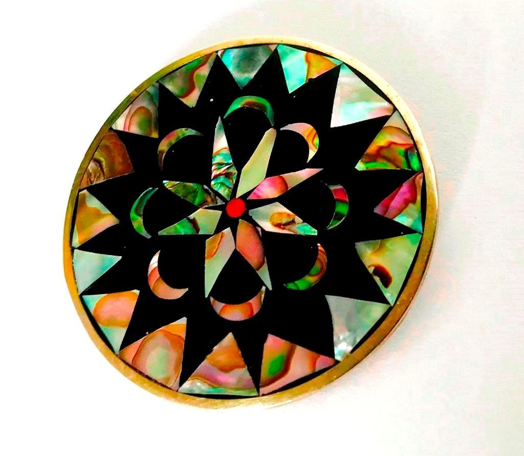 Vintage Mexico Sterling Zilver en Abalone Shell Broche, Ophalen, Zilver, Broche, Met edelsteen