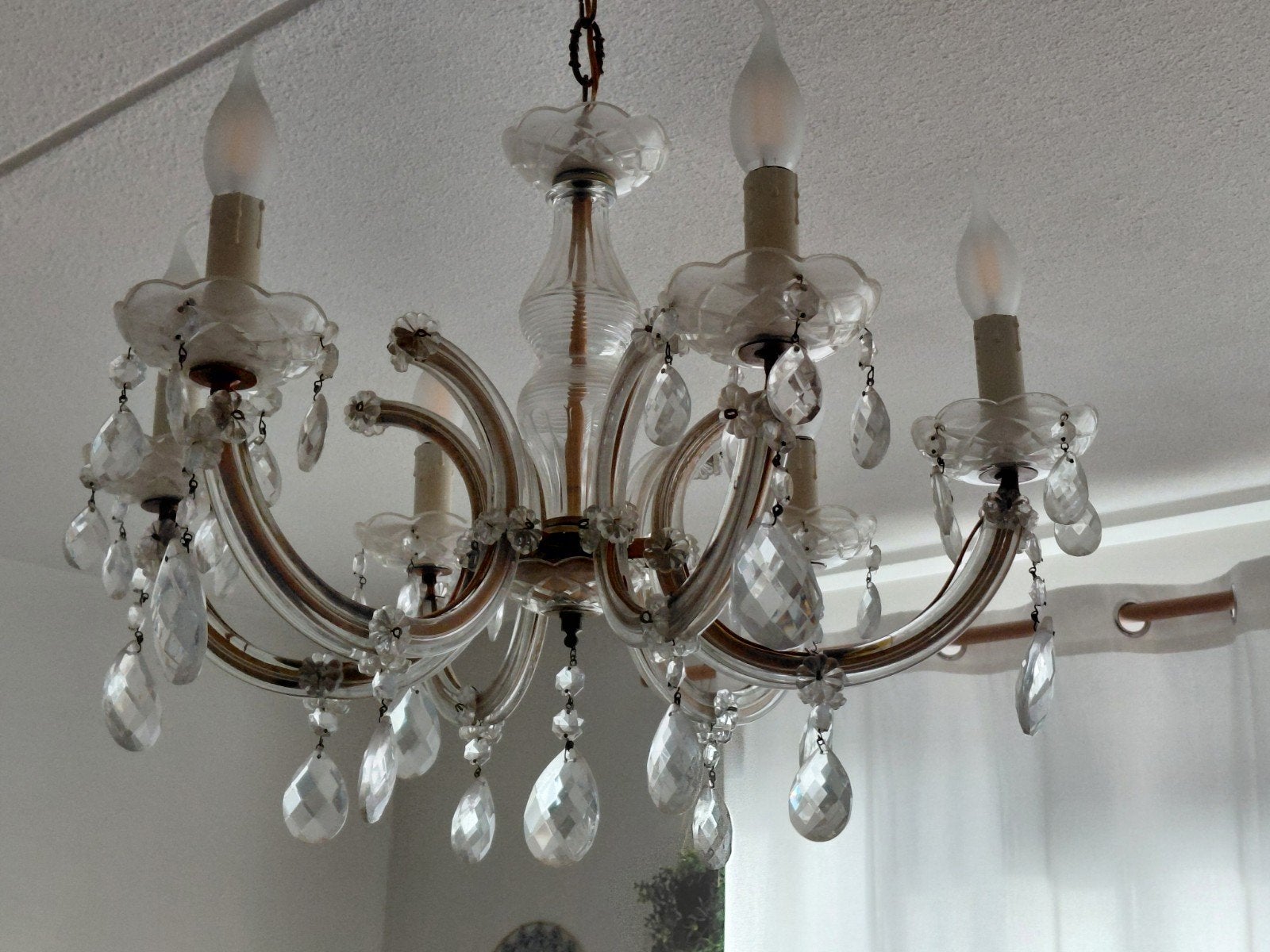 Antieke Kroonluchter met Kristallen Hangers, Ophalen, Gebruikt, E14 (klein), Glas