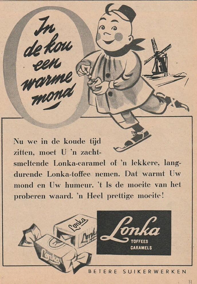 Retro reclame 1949 Lonka suikerwerk jongetje schaatsen molen, Verzenden, Overige typen