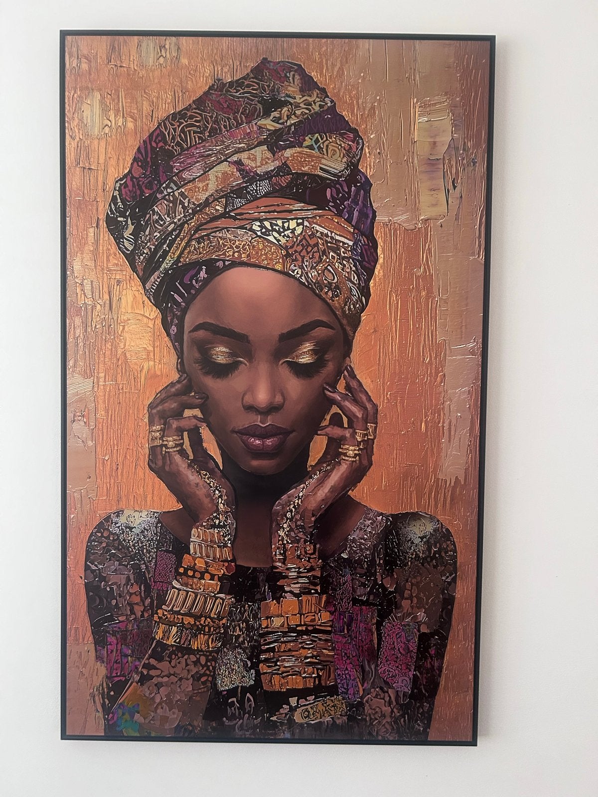 Schilderij Afrikaanse Vrouw met Hoofddoek en Sieraden, Schilderij, Afrika, Meerkleurig, Geschilderd
