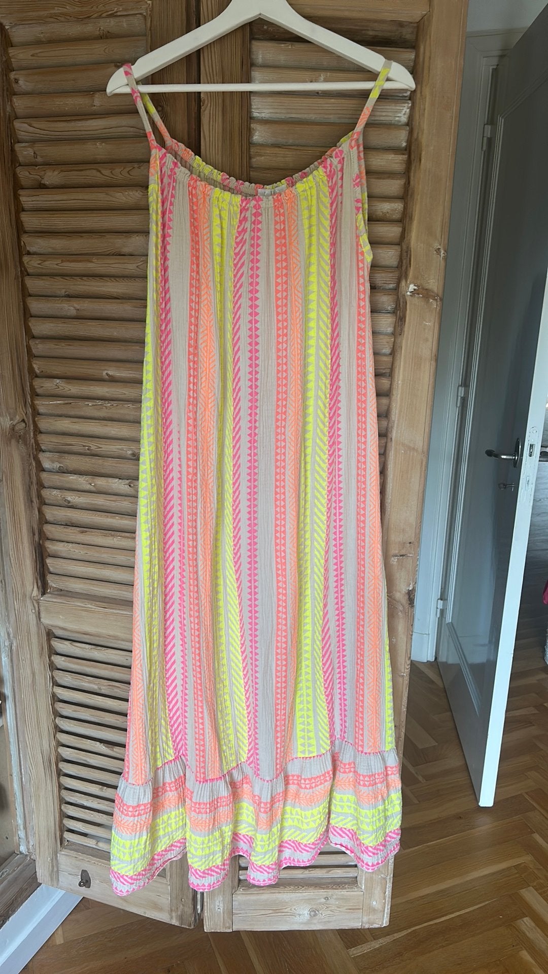 Zomerjurk hydrofiele stof beige roze geel m/l, Kleding | Dames, Jurken, Maat 38/40 (M), Beige, Ophalen of Verzenden, Zo goed als nieuw