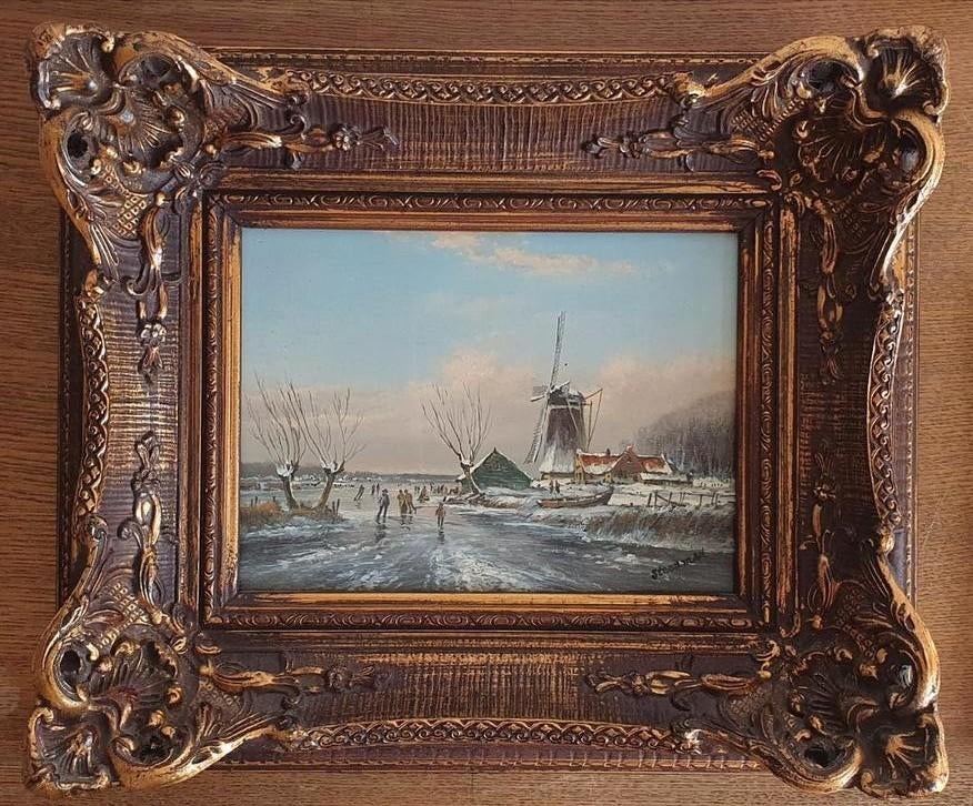 Steenman - Schilderij Winterlandschap met Molen, Antiek en Kunst, Ophalen of Verzenden