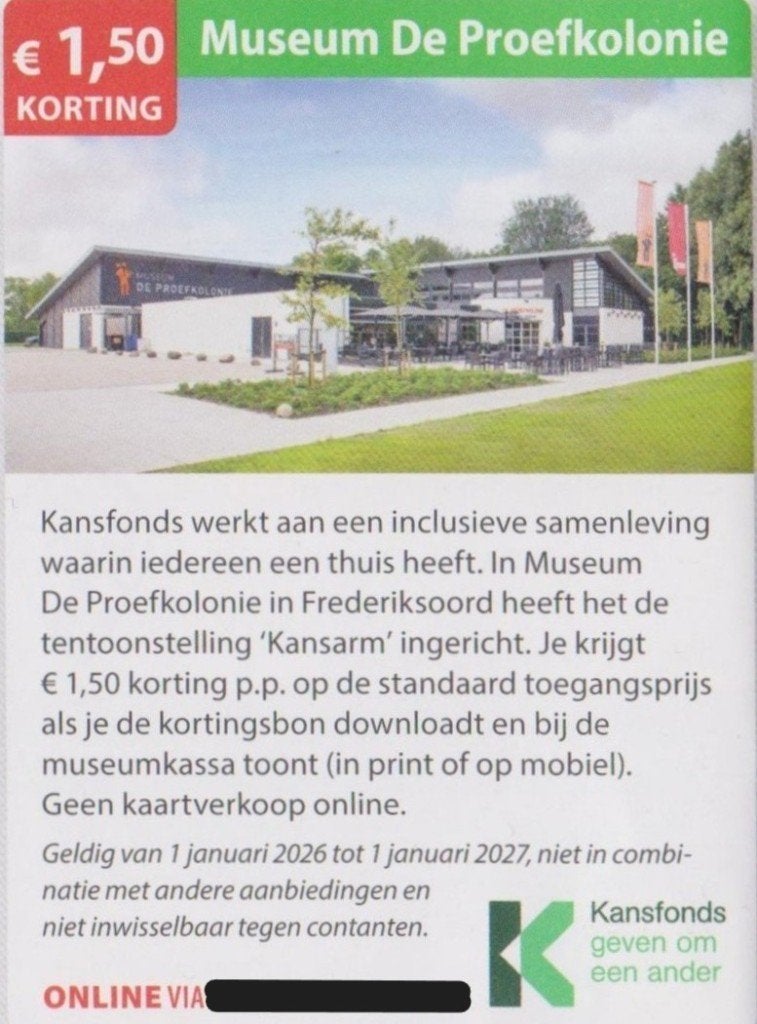 Museum De Proefkolonie. Frederiksoord. Postcodeloterij bon., Tickets en Kaartjes, Drie personen of meer, Kortingskaart