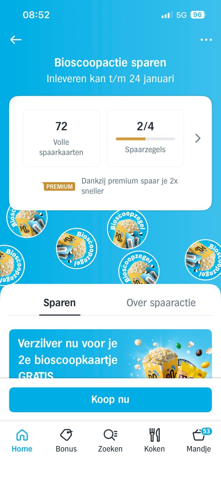 AH volle digitale spaatkaarten 2e bioscoop gratis, Ophalen, Winkel, Super of Benzinepomp, Volle spaarkaart