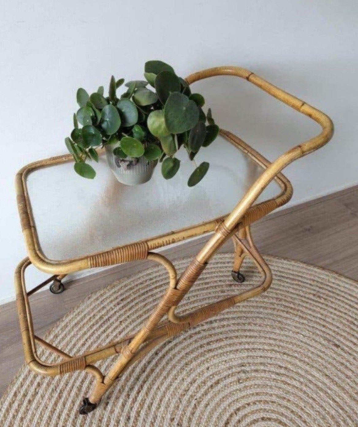 Rotan serveerwagentje / salontafel / plantentafel, Gebruikt, 50 tot 100 cm, Boho, Vintage, Rechthoekig