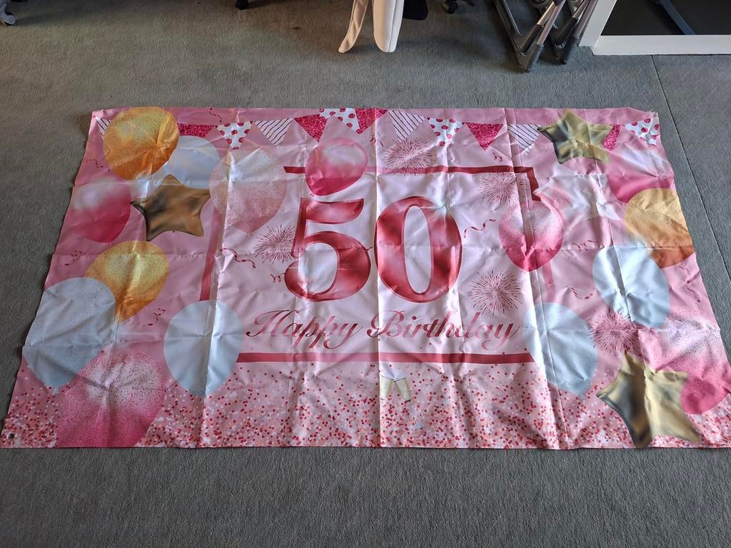 Spandoek 50 jaar Happy Birthday - Roze, 1.80 x 1.10 cm, Ophalen of Verzenden, Nieuw, Versiering, Verjaardag