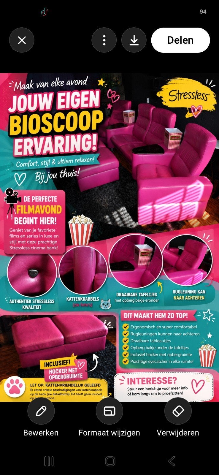 Stressless Bioscoopbank - Roze Hoekbank met Opbergruimte, Gebruikt, Hoekbank, 300 cm of meer, Vierpersoons of meer
