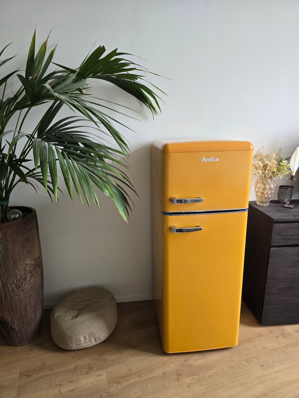 Amica Retro Koelkast met Vriezer - Okergeel - lijkt op SMEG, Witgoed en Apparatuur, Ophalen, 120 tot 140 cm, 100 tot 150 liter