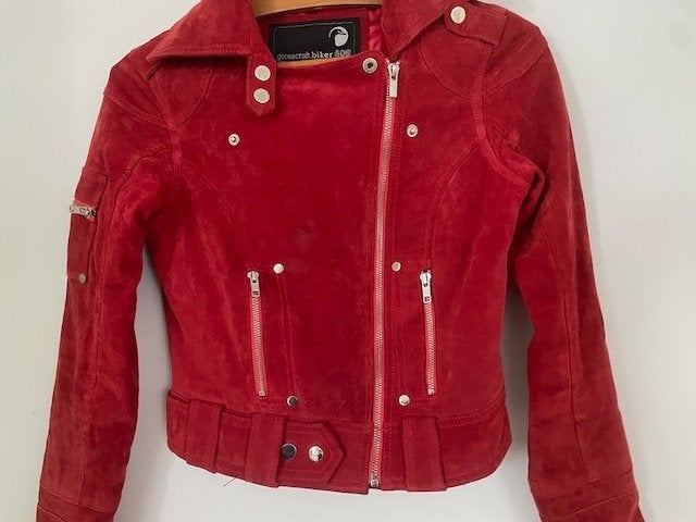 Rood suede leren jasje Goosecraft Biker 405. Maat S., Ophalen, Goosecraft, Zo goed als nieuw, Jasje