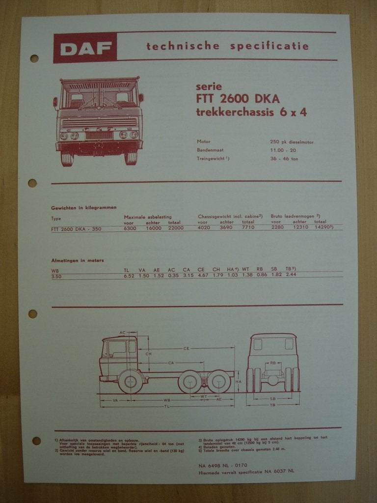 DAF FTT 2600 DKA Technische Specificatie folder 1970 - 6x4, Ophalen of Verzenden, Zo goed als nieuw, Overige merken, DAF