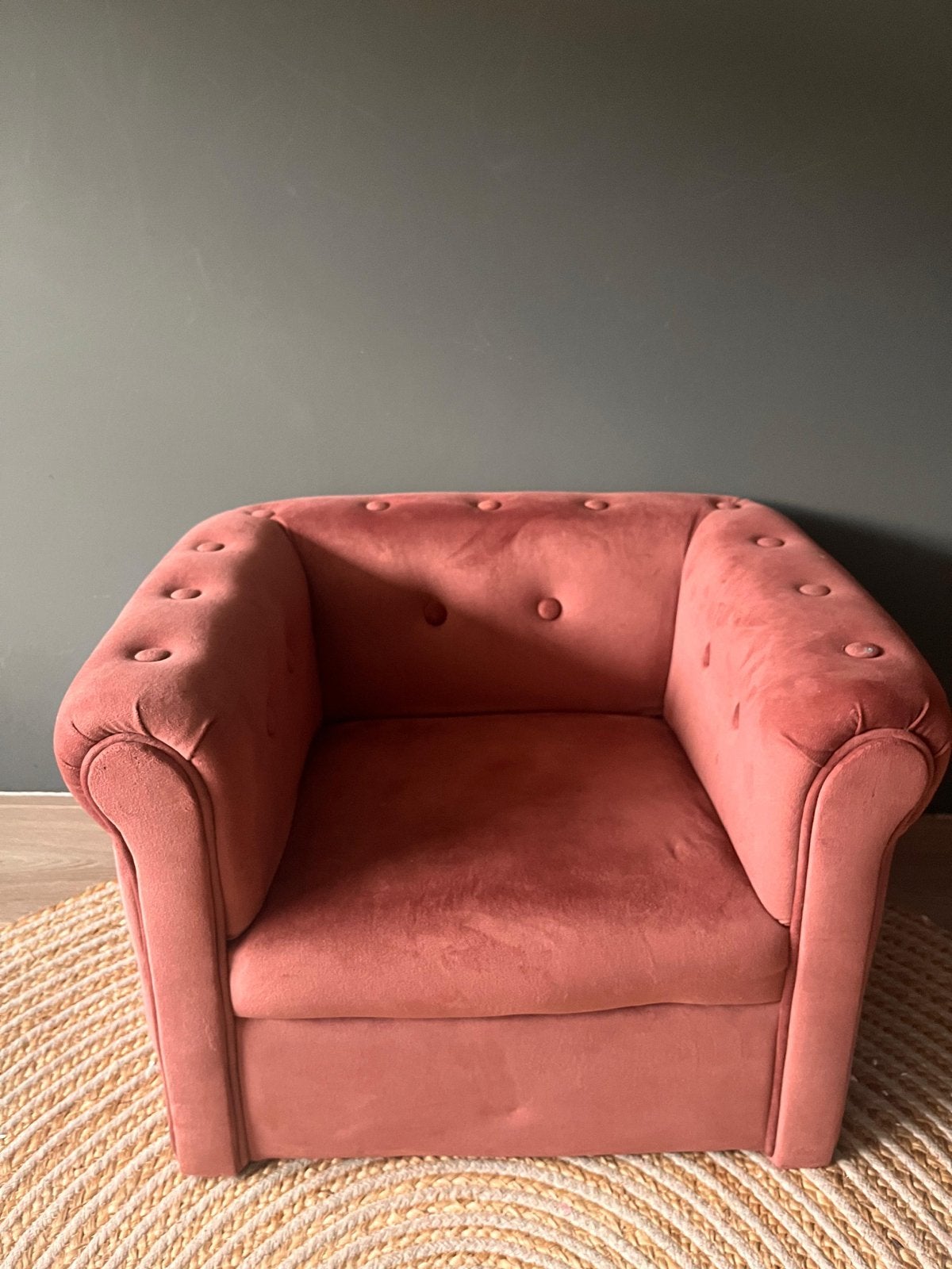 Roze velvet kinderfauteuil - Zo goed als nieuw, Ophalen, Minder dan 75 cm, Zo goed als nieuw, Stof