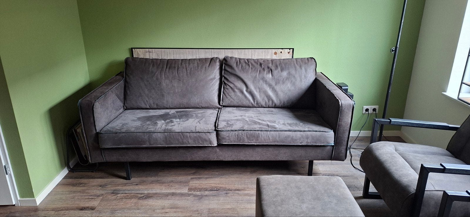 2.5 Zitbank  en 2 fauteuils met bijpassende hocker, Ophalen, Gebruikt, Metaal, Industrieel