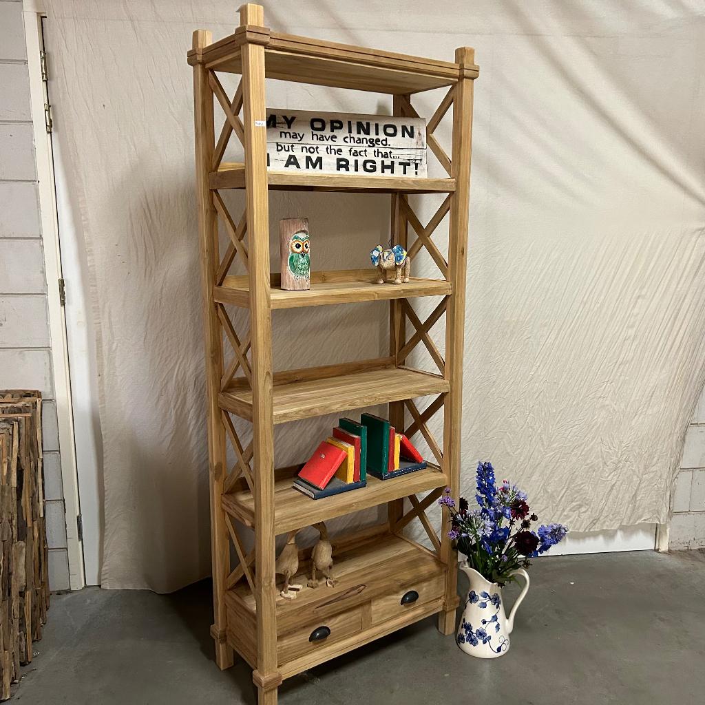 Boekenkast - 5 planken - 2 lades - massief teak - TTM Wonen