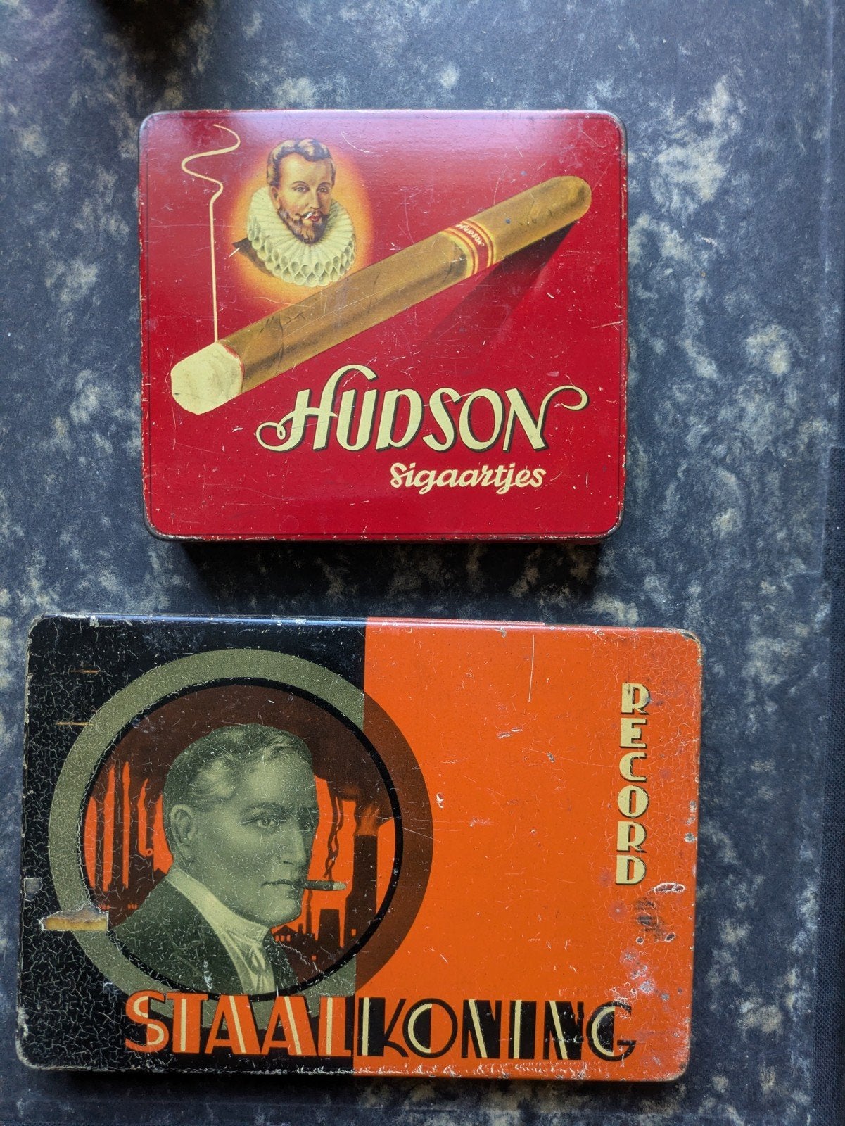 Set van 2 vintage reclameblikken: Hudson & Record Staalkonin, Verzamelen, Blikken, Ophalen of Verzenden
